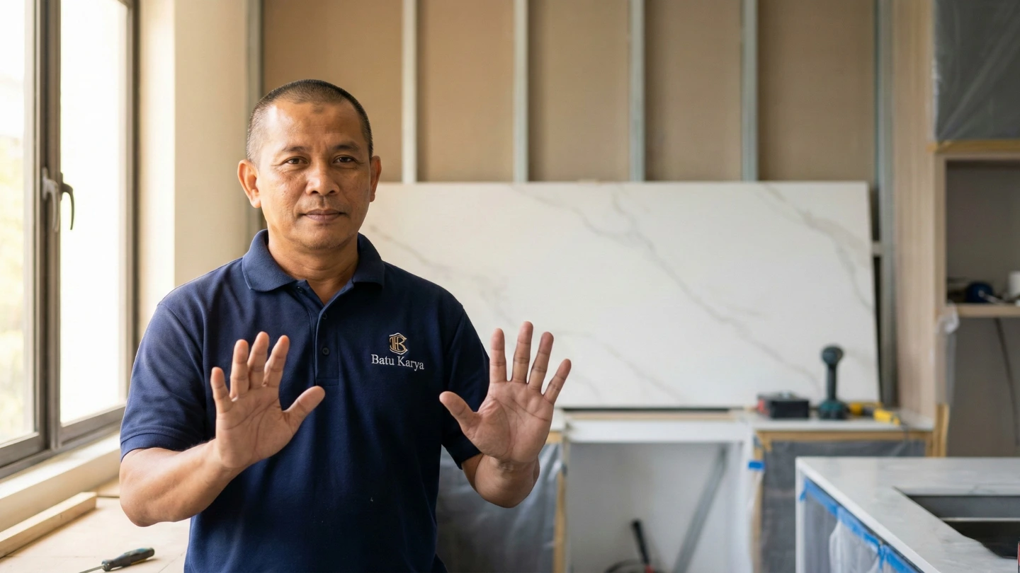 Professional Malaysian stone installer politely declining to work on customer-supplied China porcelain countertop, gesturing no with hands