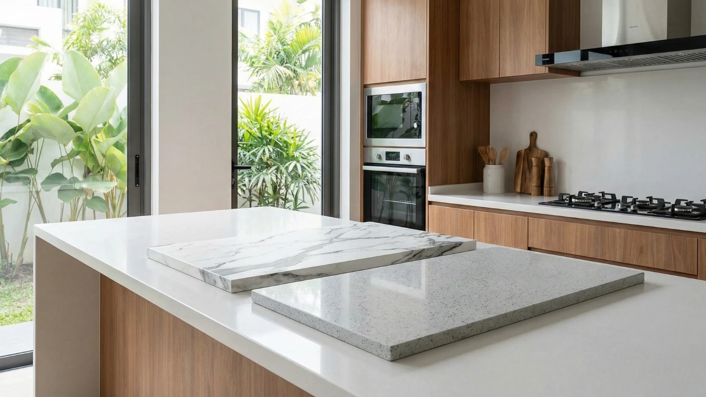 Modern Malaysian kitchen featuring sintered stone and quartz countertop samples side by side for material comparison Modern Malaysian kitchen featuring sintered stone and quartz countertop samples side by side for material comparison