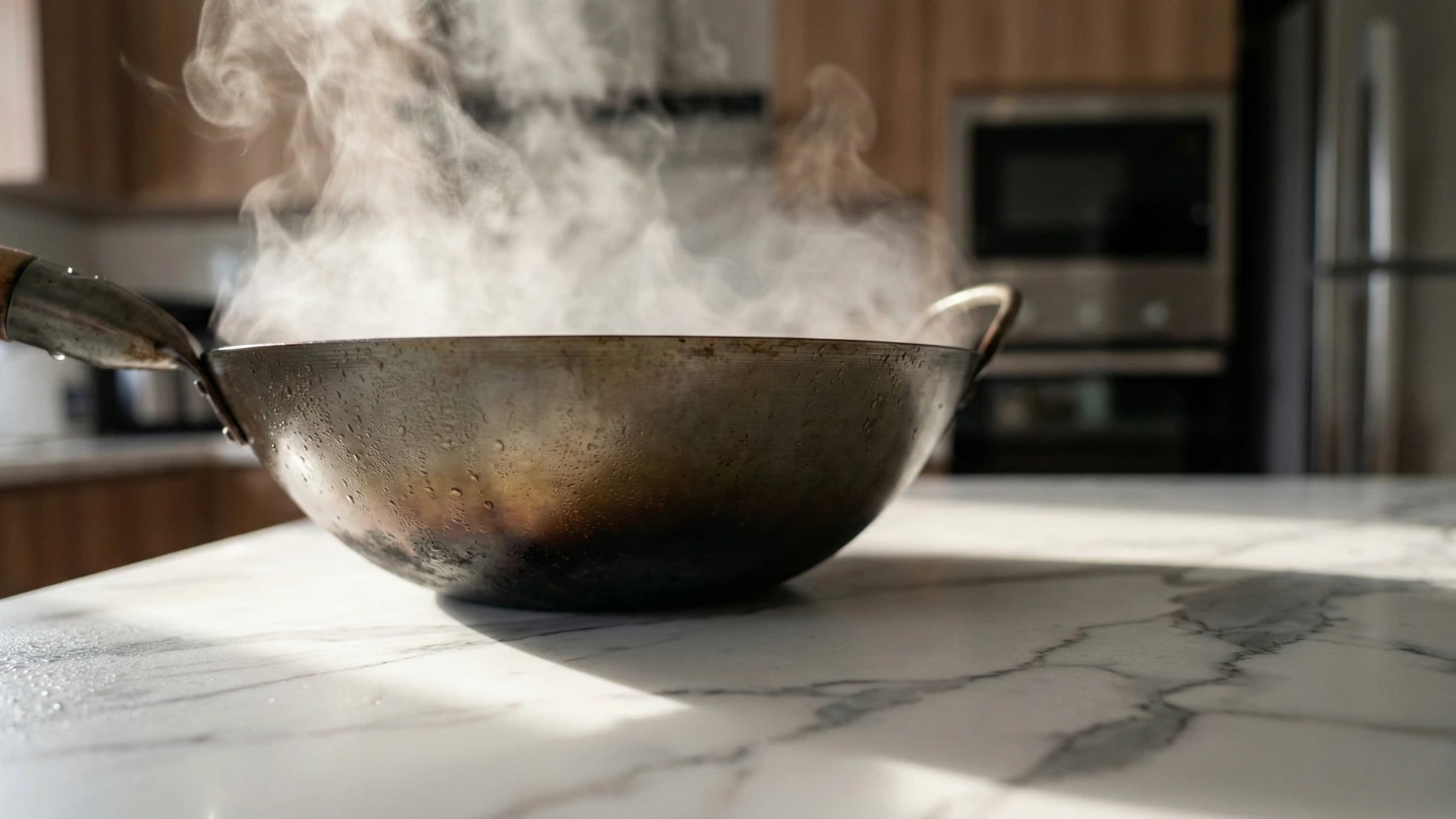 Hot wok placed directly on sintered stone countertop demonstrating superior heat resistance for Malaysian cooking Hot wok placed directly on sintered stone countertop demonstrating superior heat resistance for Malaysian cooking