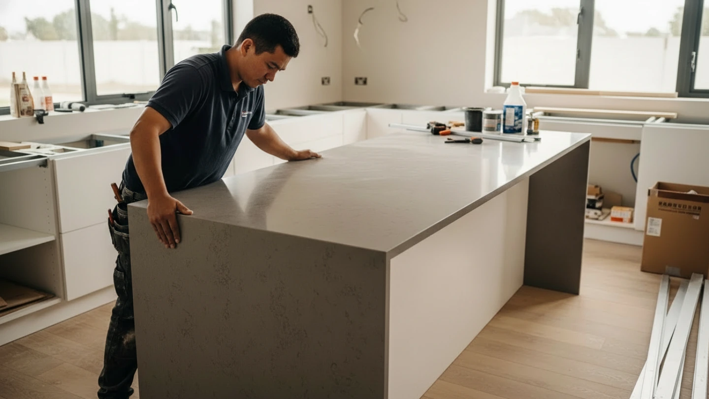 Professional installation of quartz countertop with waterfall edge in modern Malaysian kitchen renovation Professional installation of quartz countertop with waterfall edge in modern Malaysian kitchen renovation