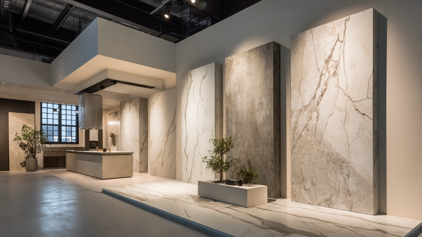 Dekton sintered stone slabs showing Calacatta marble pattern designs available for Malaysian kitchen countertops Dekton sintered stone slabs showing Calacatta marble pattern designs available for Malaysian kitchen countertops
