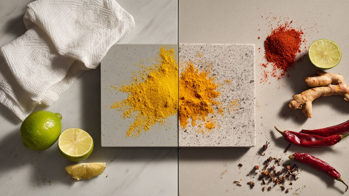 Turmeric powder and curry paste on countertop samples testing stain resistance of sintered stone and quartz for Malaysian cooking Turmeric powder and curry paste on countertop samples testing stain resistance of sintered stone and quartz for Malaysian cooking