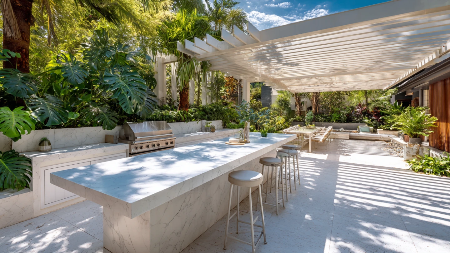 Outdoor kitchen with UV-resistant sintered stone countertop under Malaysian tropical sunlight and weather conditions Outdoor kitchen with UV-resistant sintered stone countertop under Malaysian tropical sunlight and weather conditions