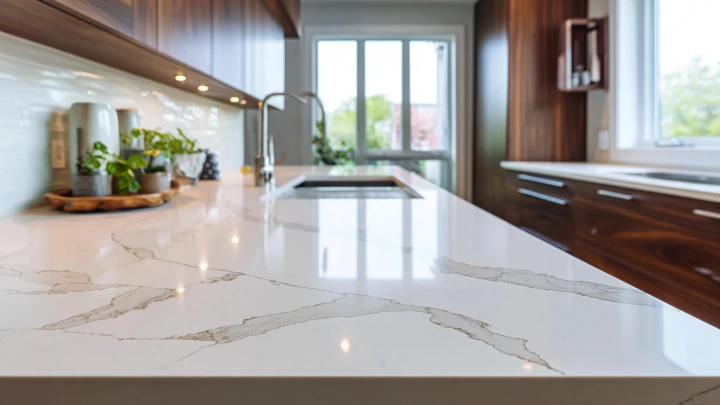 Modern Malaysian kitchen featuring white quartz stone countertop with grey veining, dark wood cabinetry, and stainless steel undermount sink