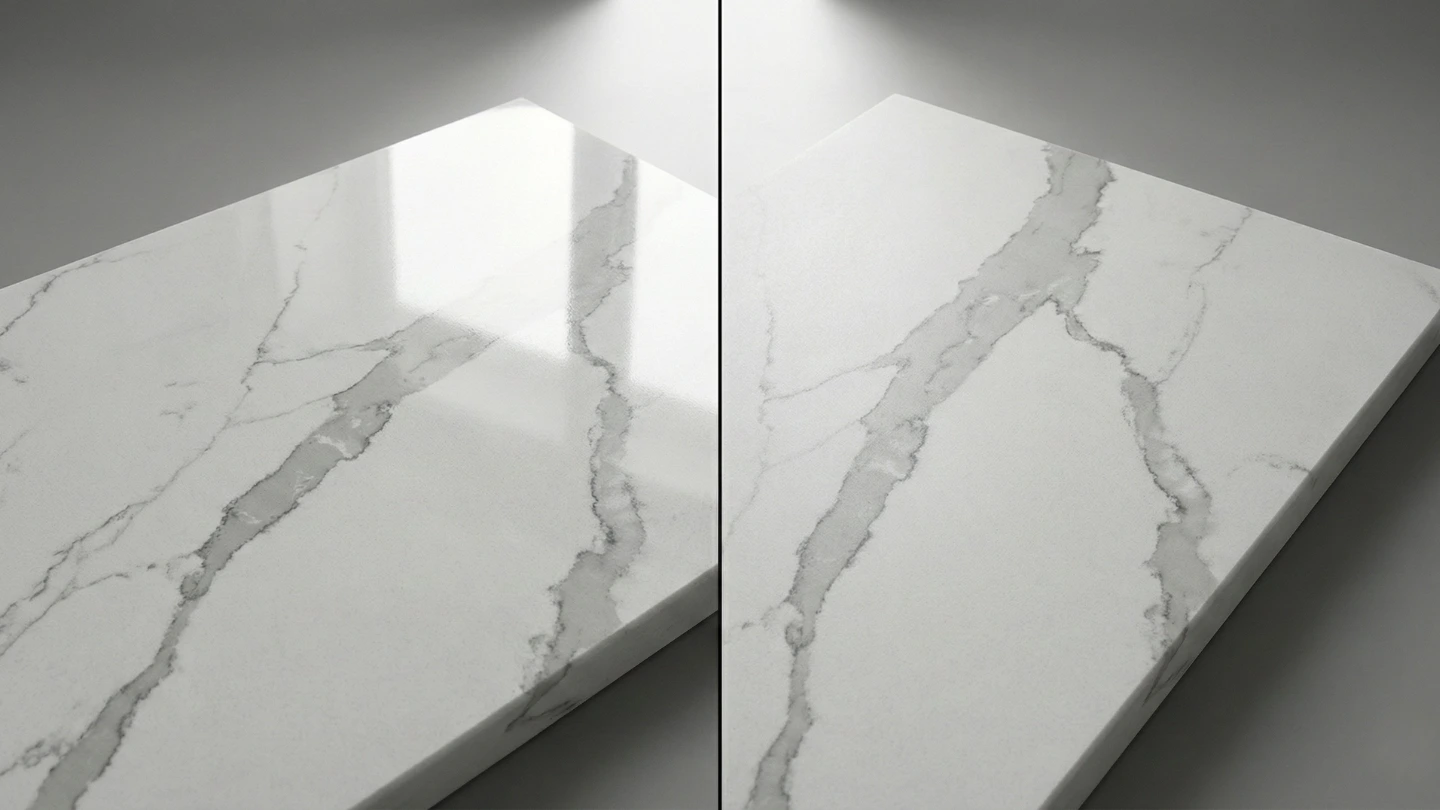 Side-by-side comparison of polished glossy quartz finish and honed matte quartz finish showing reflective differences