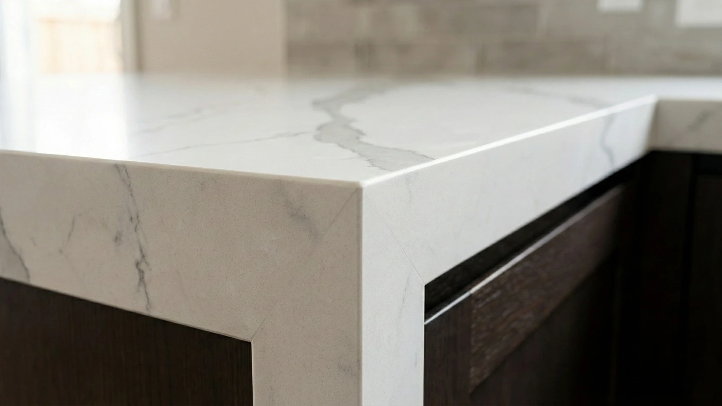 Close-up of mitre edge profile on white quartz countertop showing the luxurious 40mm thick appearance achieved with 20mm slabs