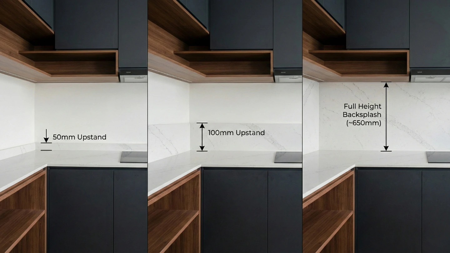 Comparison diagram showing three quartz backsplash height options: 50mm upstand, 100mm upstand, and full-height 650mm backsplash in Malaysian kitchen