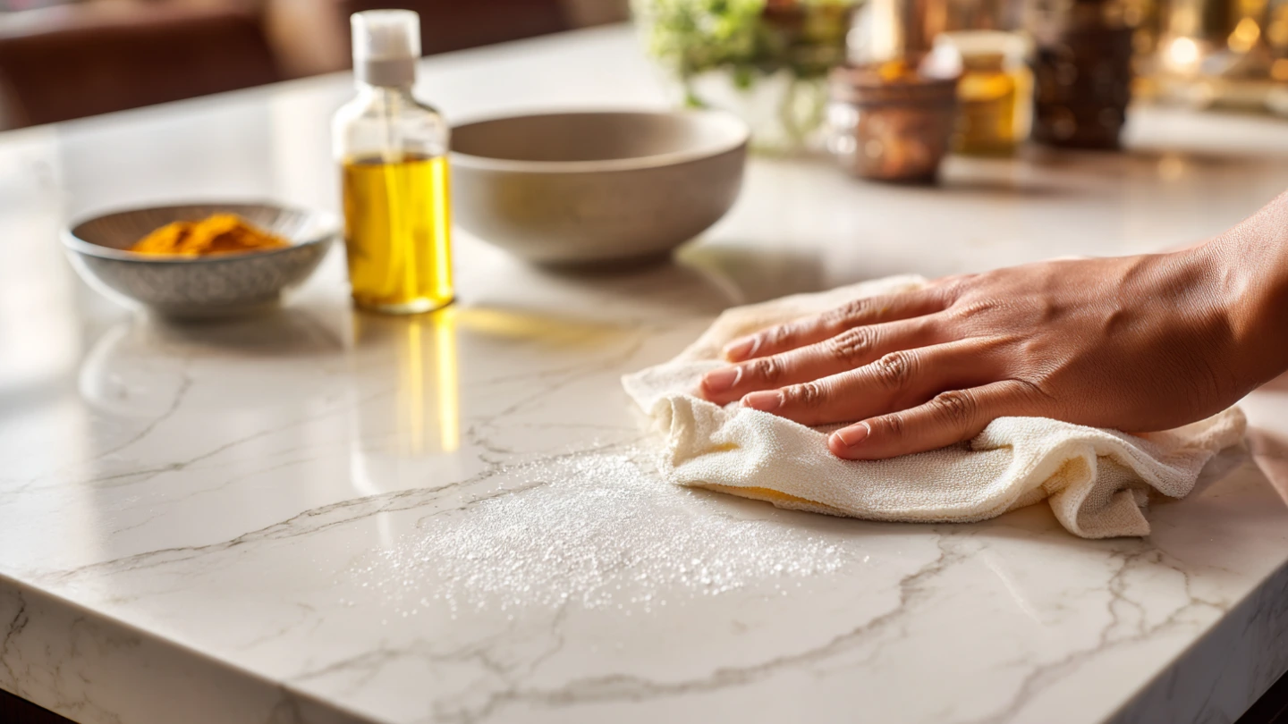 Malaysian homeowner wiping quartz countertop with soft cloth and mild soap, demonstrating easy daily cleaning and maintenance
