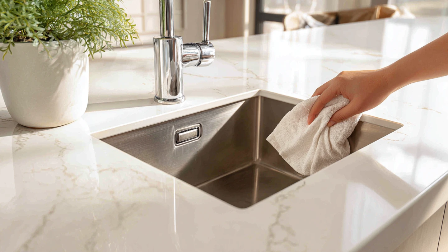 Stainless steel undermount sink installed in white quartz countertop showing seamless edge for easy cleaning in Malaysian kitchen