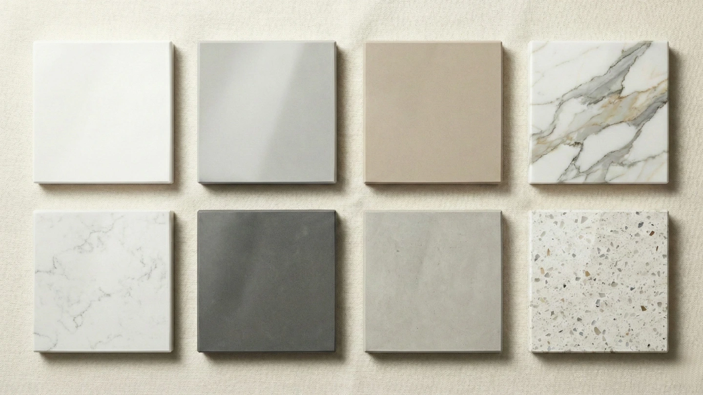 Collection of quartz stone colour samples showing white, grey, beige, and Calacatta marble-look options popular in Malaysian kitchens