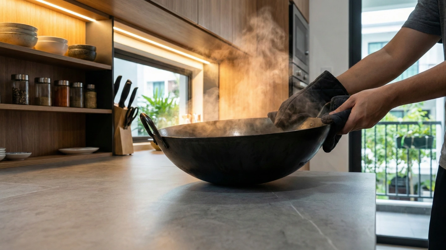 Hot smoking wok placed directly on sintered stone countertop in a Malaysian kitchen demonstrating heat resistance Hot smoking wok placed directly on sintered stone countertop in a Malaysian kitchen demonstrating heat resistance
