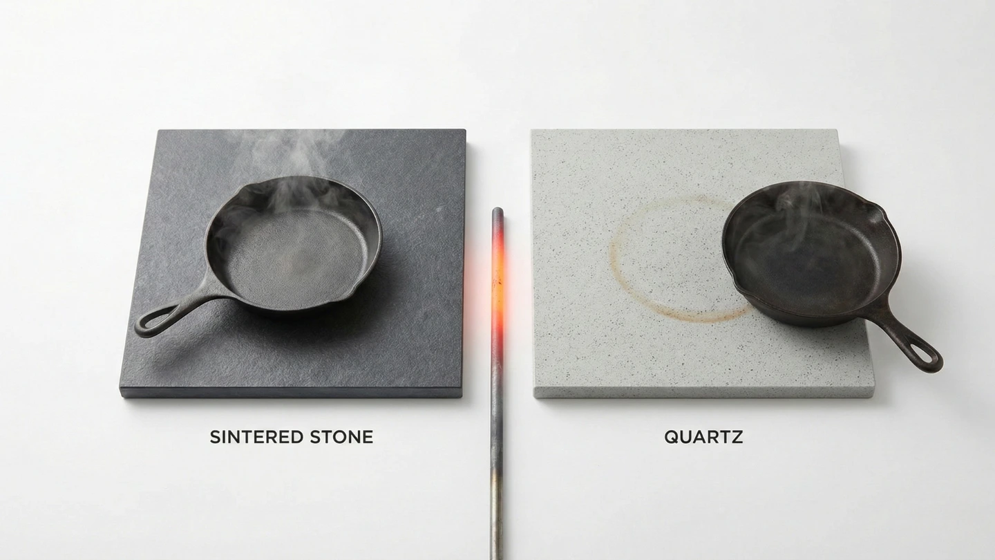 Side-by-side comparison of sintered stone and quartz countertop samples showing heat resistance differences Side-by-side comparison of sintered stone and quartz countertop samples showing heat resistance differences
