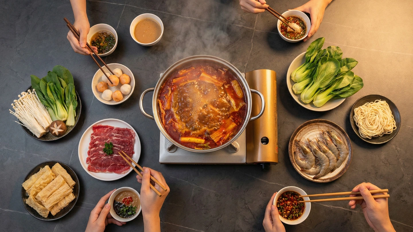 Chinese steamboat hot pot setup on sintered stone countertop for family gathering in Malaysia Chinese steamboat hot pot setup on sintered stone countertop for family gathering in Malaysia