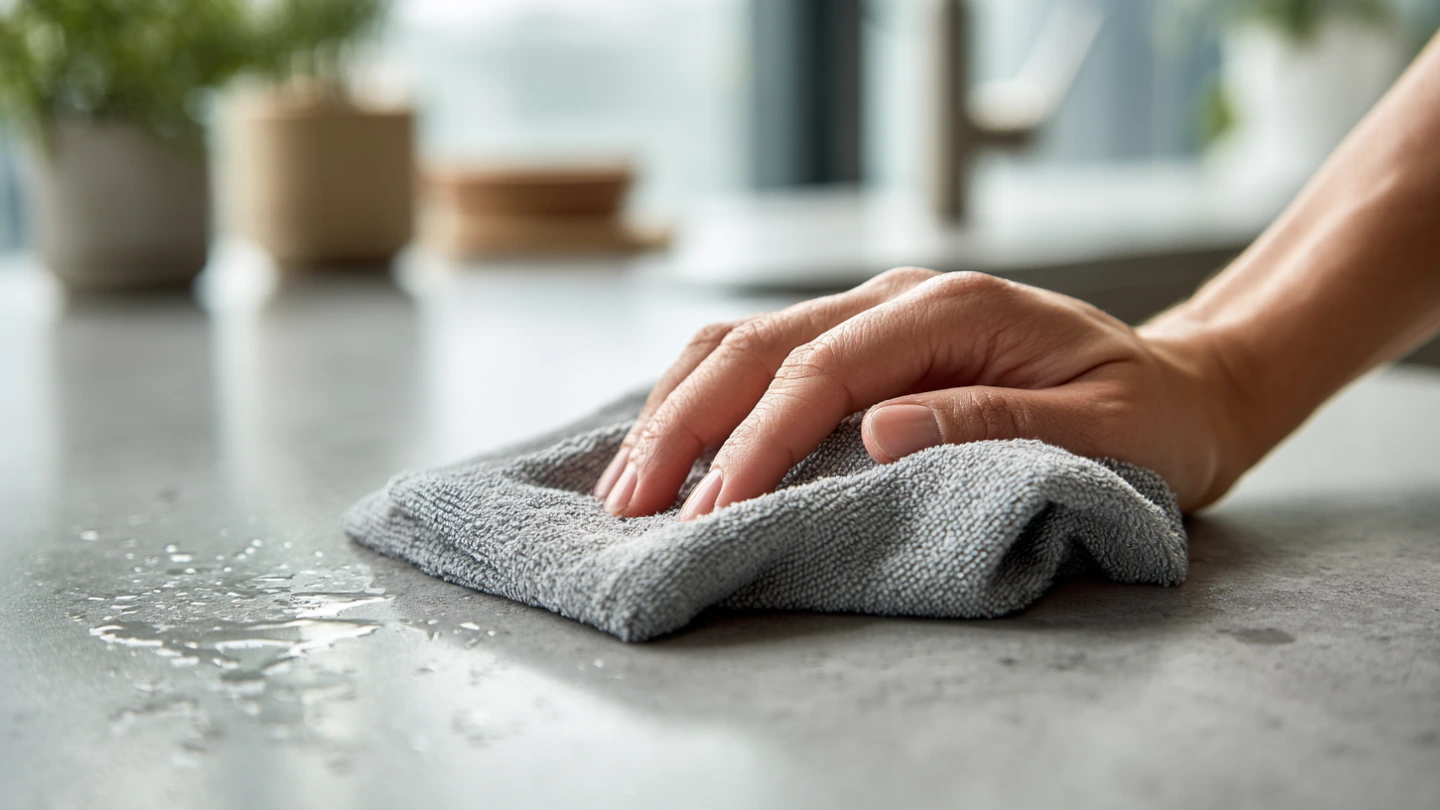 Person wiping sintered stone countertop with cloth demonstrating easy cleaning and maintenance Person wiping sintered stone countertop with cloth demonstrating easy cleaning and maintenance