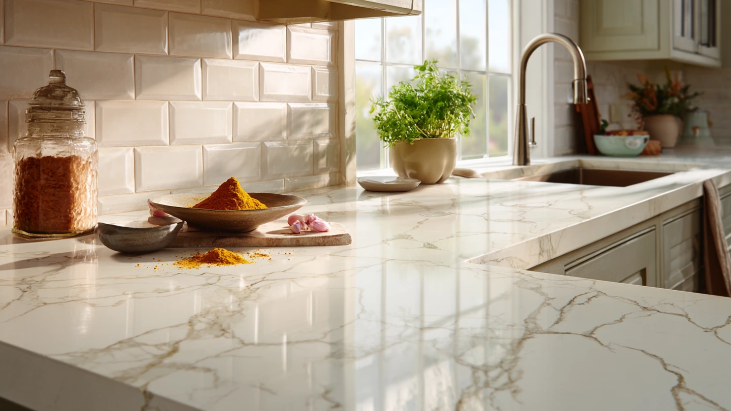 White quartz stone kitchen countertop in Malaysian home demonstrating stain resistance, with turmeric and cooking ingredients visible on the pristine surface White quartz stone kitchen countertop in Malaysian home demonstrating stain resistance, with turmeric and cooking ingredients visible on the pristine surface