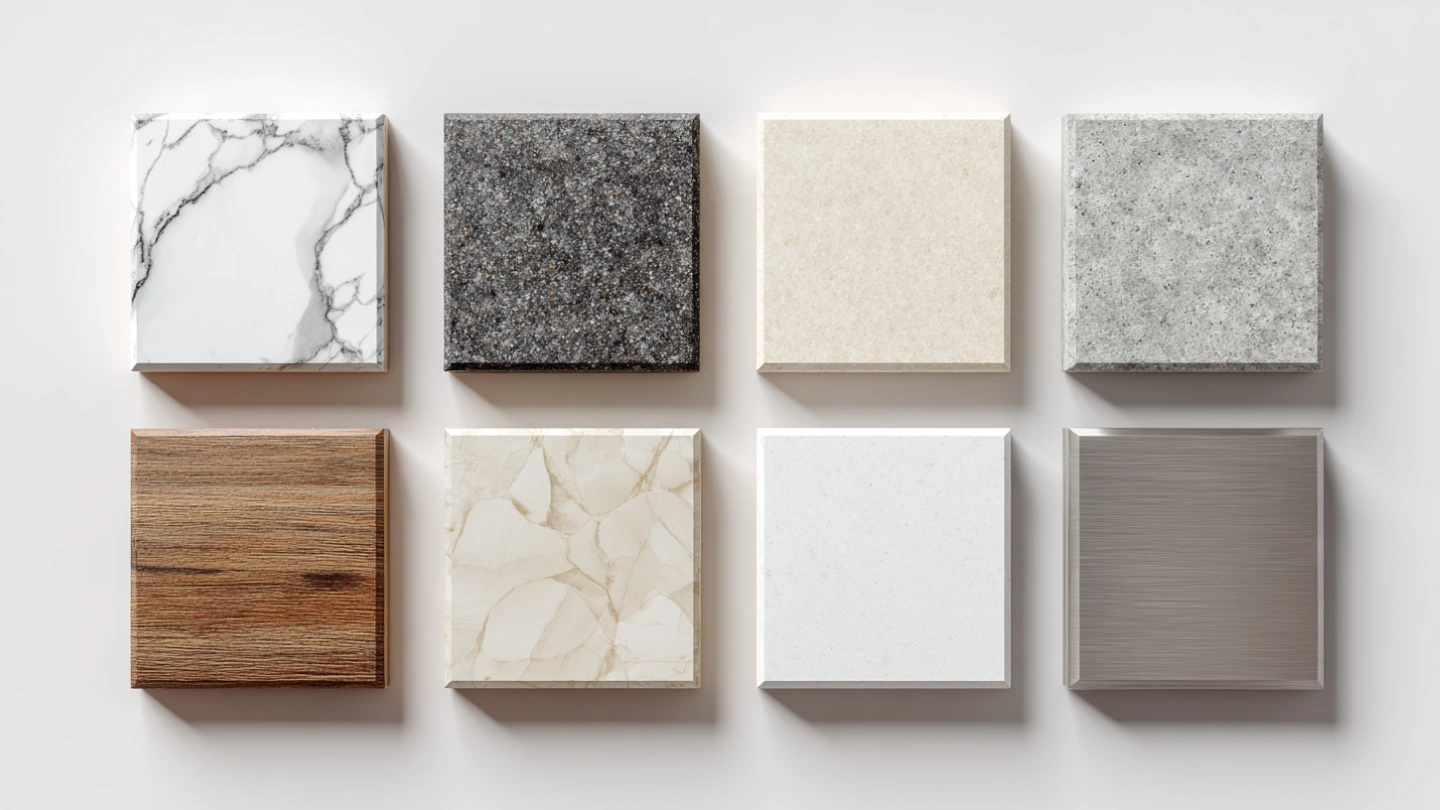Comprehensive visual comparison grid showing 8 different kitchen countertop materials including quartz, granite, sintered stone, porcelain, marble, solid surface, laminate, and stainless steel samples