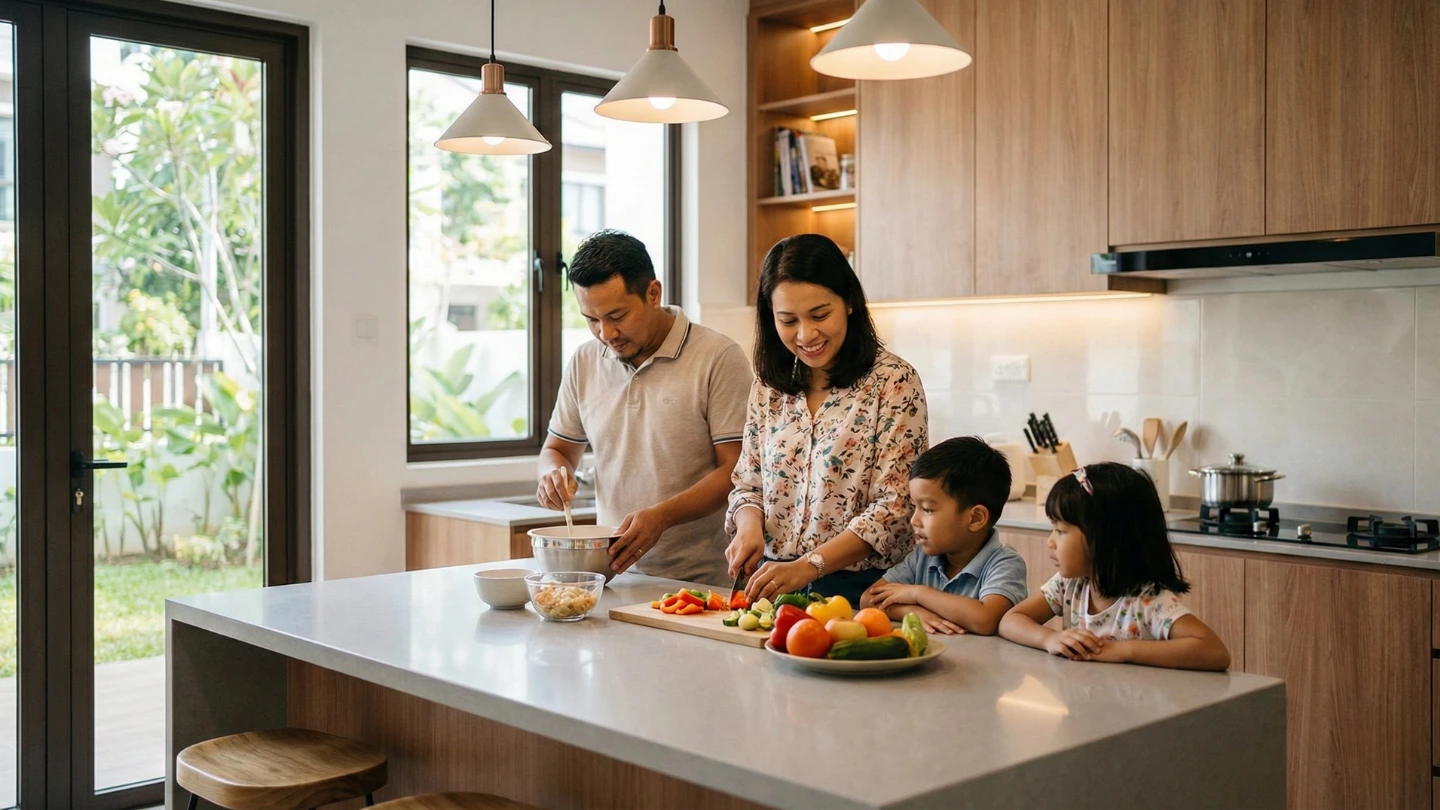 Malaysian family cooking together in modern kitchen with quartz countertop preparing traditional food while children watch