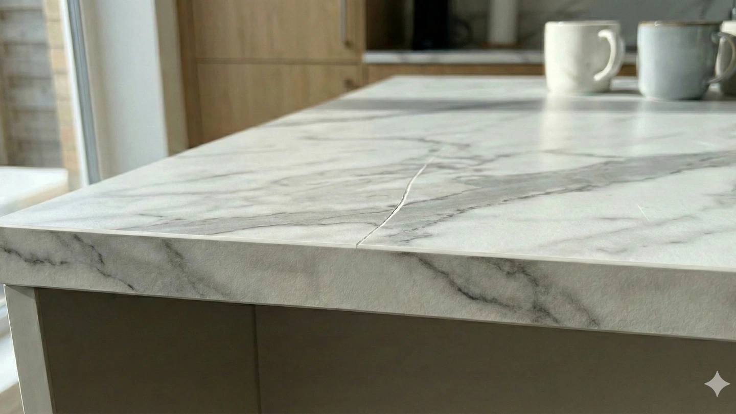 Scratched sintered stone surface showing how the printed pattern layer differs from the body colour underneath, demonstrating why polishing is not possible Scratched sintered stone surface showing how the printed pattern layer differs from the body colour underneath, demonstrating why polishing is not possible