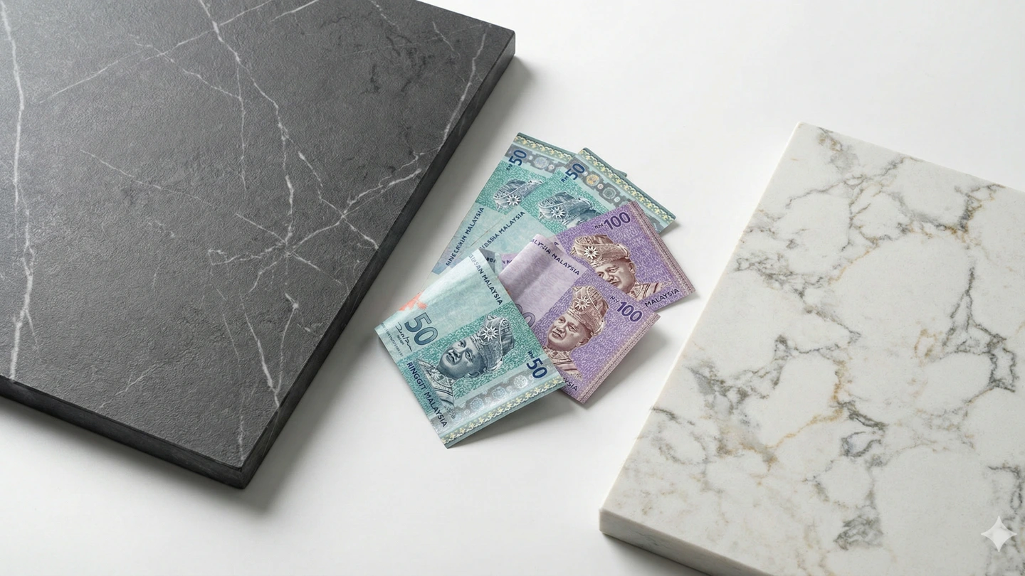 Visual comparison of sintered stone and quartz stone countertop samples with Malaysian Ringgit pricing, illustrating the cost difference between premium materials Visual comparison of sintered stone and quartz stone countertop samples with Malaysian Ringgit pricing, illustrating the cost difference between premium materials