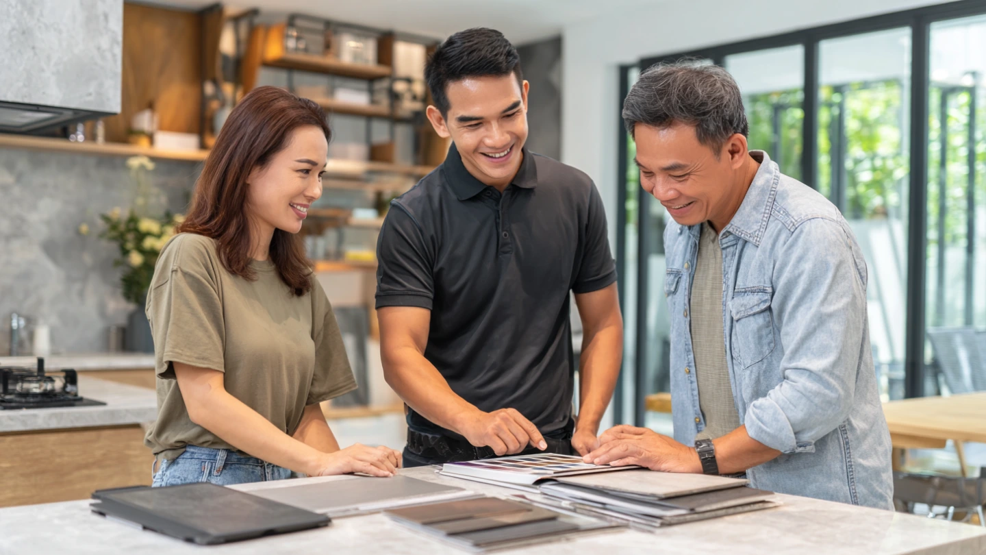 Professional stone installer consulting with Malaysian homeowner in kitchen, examining sintered stone samples and discussing installation requirements Professional stone installer consulting with Malaysian homeowner in kitchen, examining sintered stone samples and discussing installation requirements