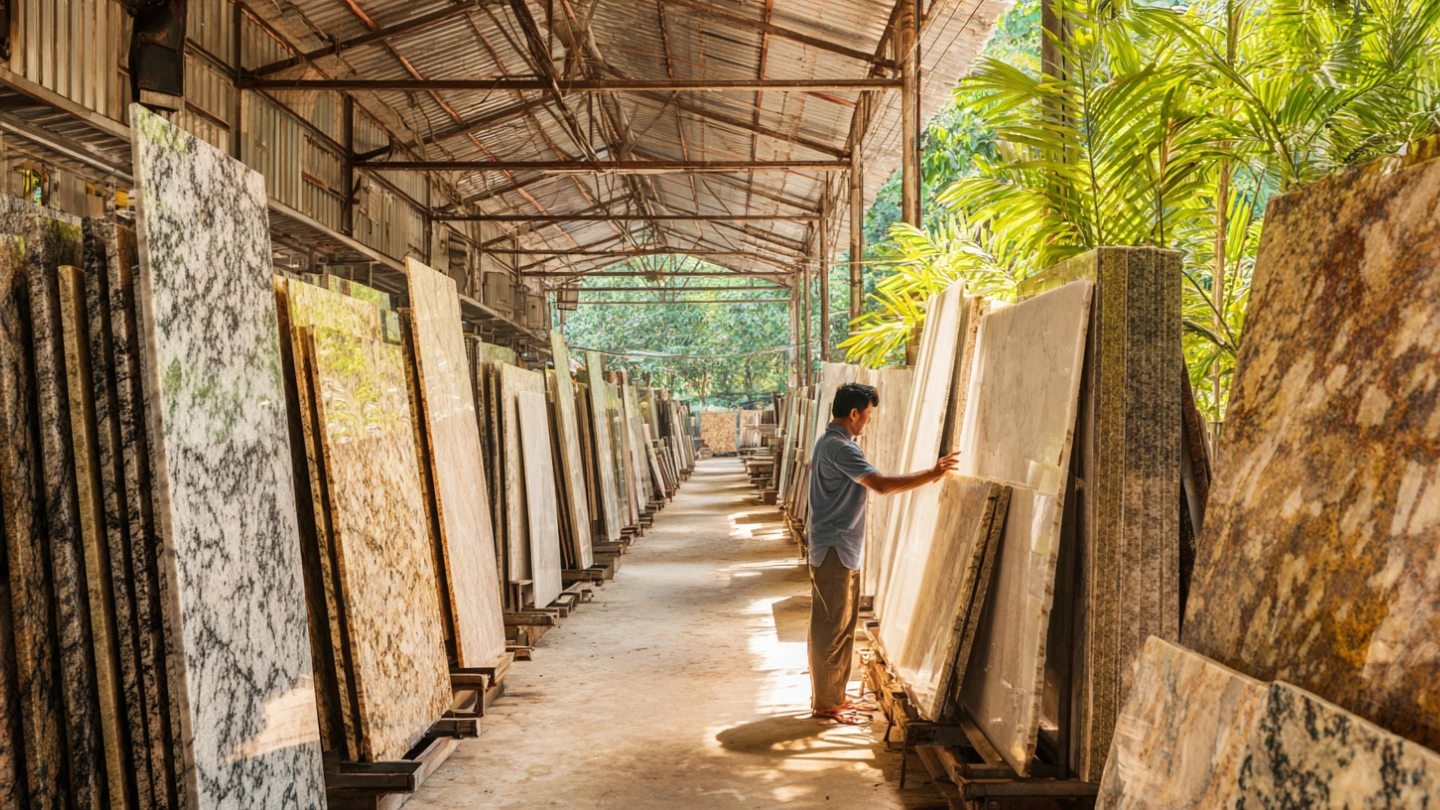 Rows of polished granite and quartzite slabs standing upright in a Malaysian stone slab yard, with a homeowner browsing the selection Rows of polished granite and quartzite slabs standing upright in a Malaysian stone slab yard, with a homeowner browsing the selection