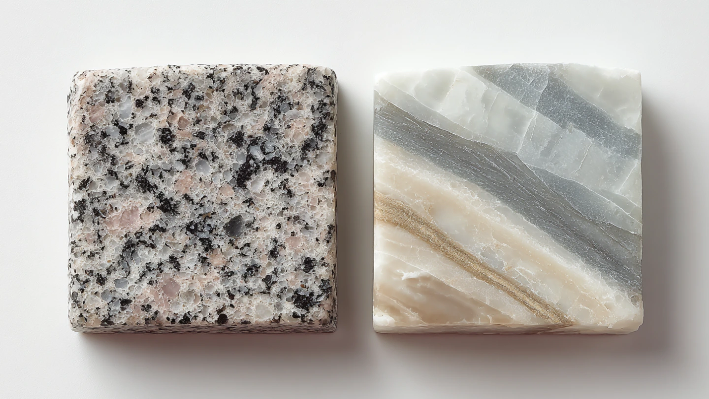 Close-up side-by-side comparison showing the speckled crystal texture of granite next to the flowing veined pattern of quartzite Close-up side-by-side comparison showing the speckled crystal texture of granite next to the flowing veined pattern of quartzite