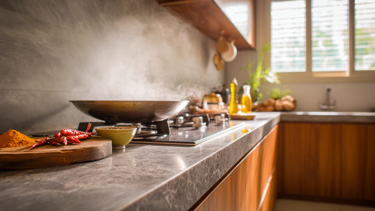 A busy Malaysian kitchen with a natural stone countertop beside a gas hob with a wok, showing everyday cooking conditions that test countertop durability A busy Malaysian kitchen with a natural stone countertop beside a gas hob with a wok, showing everyday cooking conditions that test countertop durability