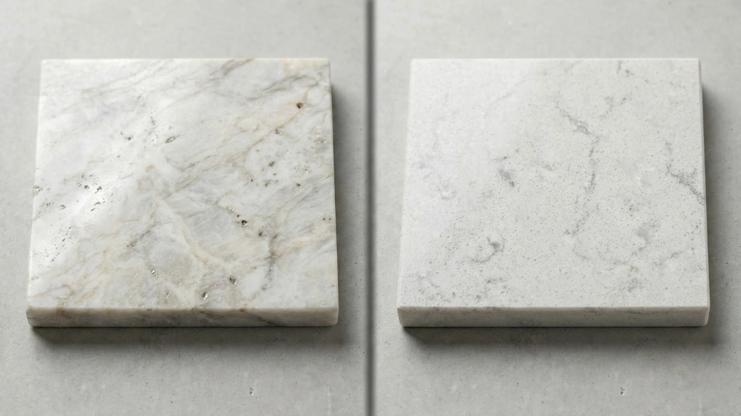 Comparison between a natural quartzite slab with unique veining and an engineered quartz stone sample with uniform pattern, highlighting the visual difference between natural and manufactured materials Comparison between a natural quartzite slab with unique veining and an engineered quartz stone sample with uniform pattern, highlighting the visual difference between natural and manufactured materials