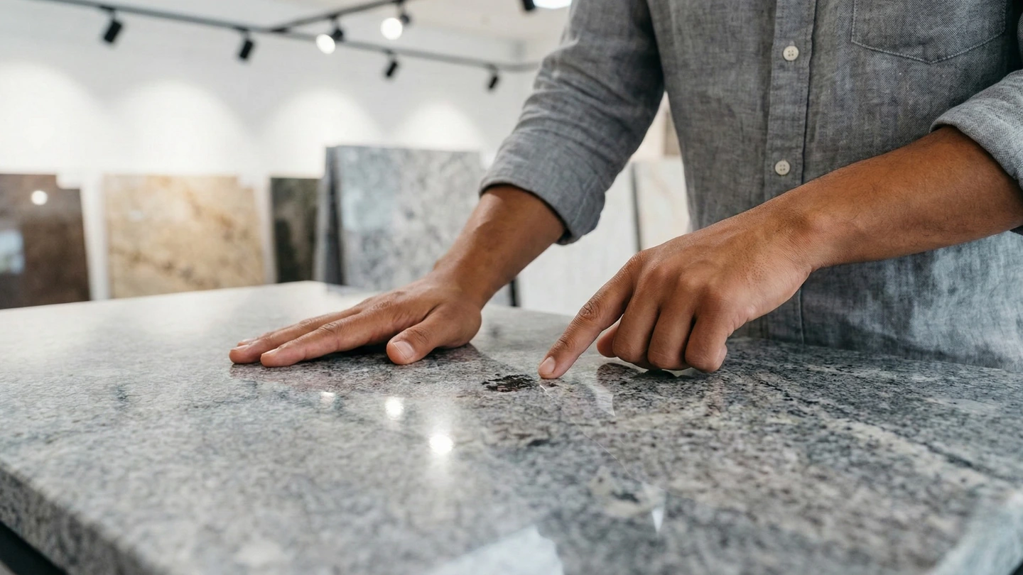 A homeowner closely examining the surface texture of a polished stone slab in a showroom, checking for mineral crystals and veining patterns to identify the stone type A homeowner closely examining the surface texture of a polished stone slab in a showroom, checking for mineral crystals and veining patterns to identify the stone type