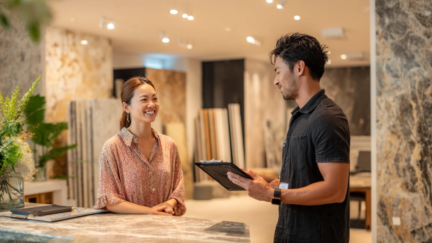 A Malaysian homeowner having a conversation with a stone supplier at a countertop showroom, discussing material specifications and documentation A Malaysian homeowner having a conversation with a stone supplier at a countertop showroom, discussing material specifications and documentation