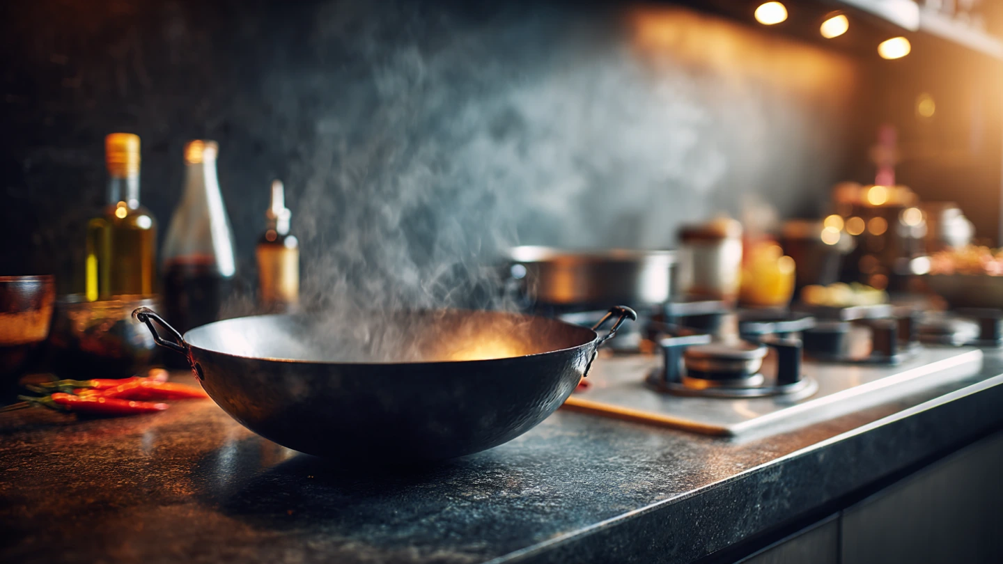 Hot wok placed directly on a granite kitchen countertop during Malaysian cooking, demonstrating granite's excellent heat resistance for high-heat wok frying Hot wok placed directly on a granite kitchen countertop during Malaysian cooking, demonstrating granite's excellent heat resistance for high-heat wok frying