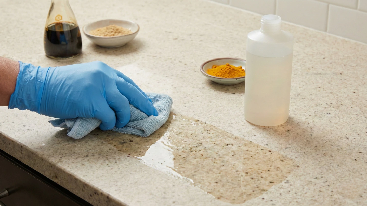 Applying protective stone sealant on a granite kitchen countertop to prevent staining from turmeric and cooking oils in a Malaysian kitchen Applying protective stone sealant on a granite kitchen countertop to prevent staining from turmeric and cooking oils in a Malaysian kitchen