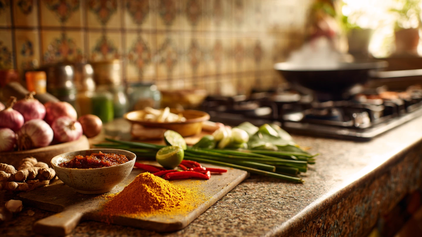 Malaysian home cooking scene with turmeric, curry paste, and fresh spices on a kitchen countertop, highlighting the staining challenges countertop materials face in local kitchens Malaysian home cooking scene with turmeric, curry paste, and fresh spices on a kitchen countertop, highlighting the staining challenges countertop materials face in local kitchens
