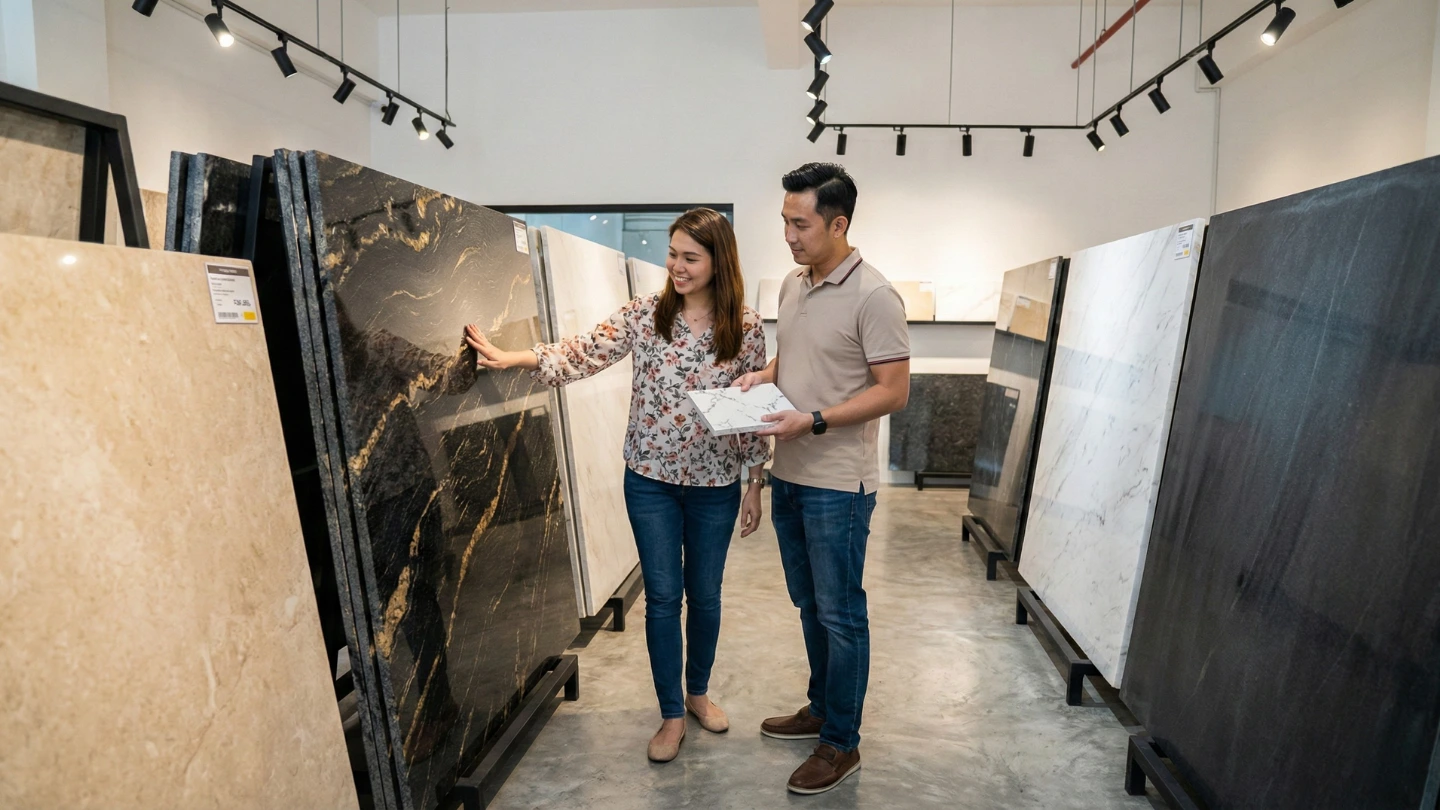 Malaysian homeowner examining granite and quartz countertop samples in a stone showroom, comparing materials and finishes before making a kitchen renovation decision Malaysian homeowner examining granite and quartz countertop samples in a stone showroom, comparing materials and finishes before making a kitchen renovation decision