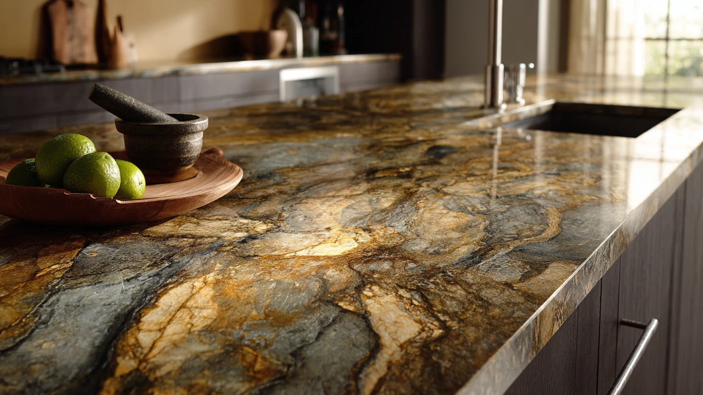 Polished granite kitchen countertop with natural mineral patterns in a modern Malaysian home, showcasing the material's timeless elegance alongside contemporary cabinetry Polished granite kitchen countertop with natural mineral patterns in a modern Malaysian home, showcasing the material's timeless elegance alongside contemporary cabinetry