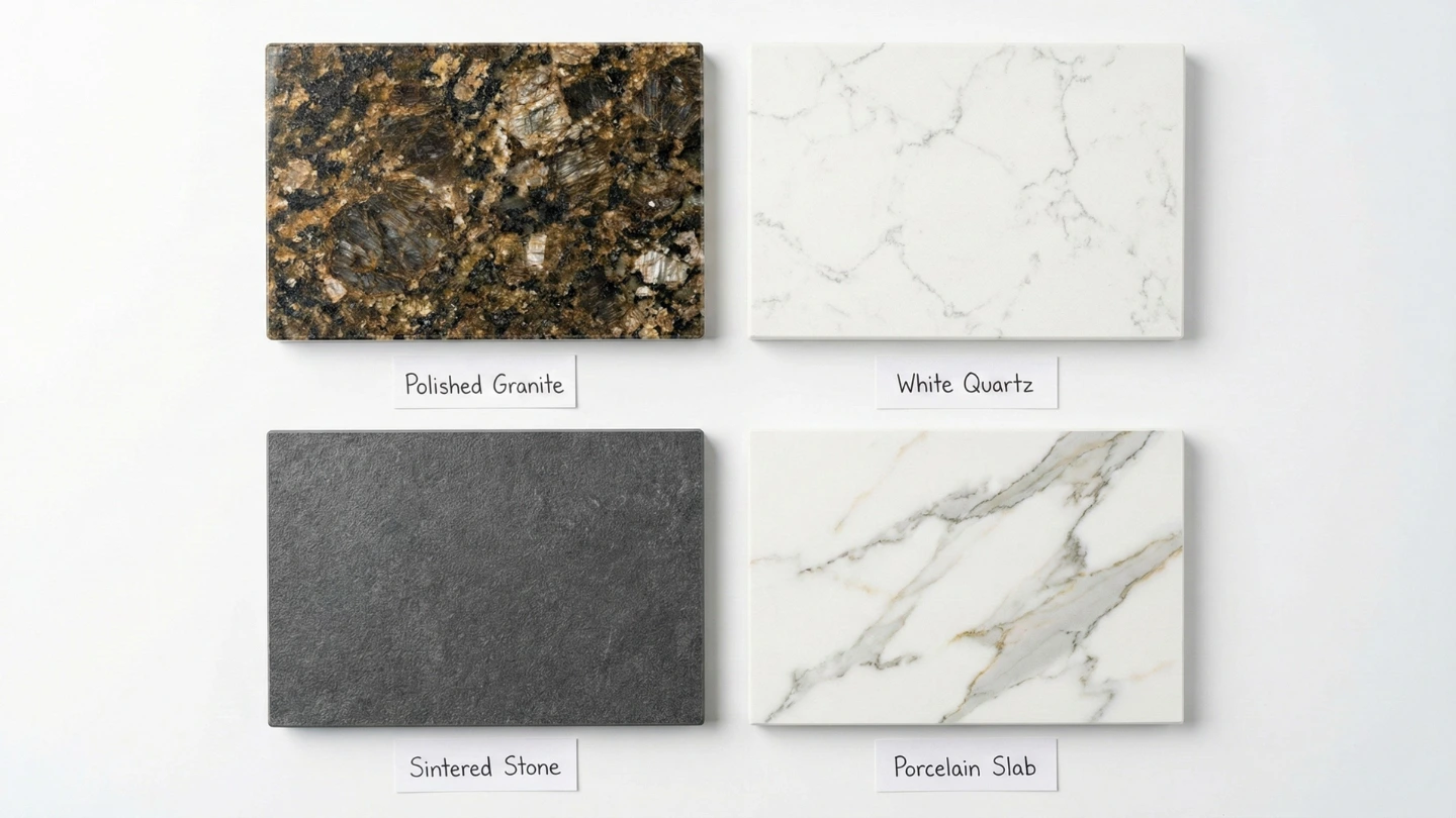 Side-by-side comparison of granite, quartz stone, sintered stone, and porcelain slab countertop material samples showing differences in pattern, texture, and finish Side-by-side comparison of granite, quartz stone, sintered stone, and porcelain slab countertop material samples showing differences in pattern, texture, and finish