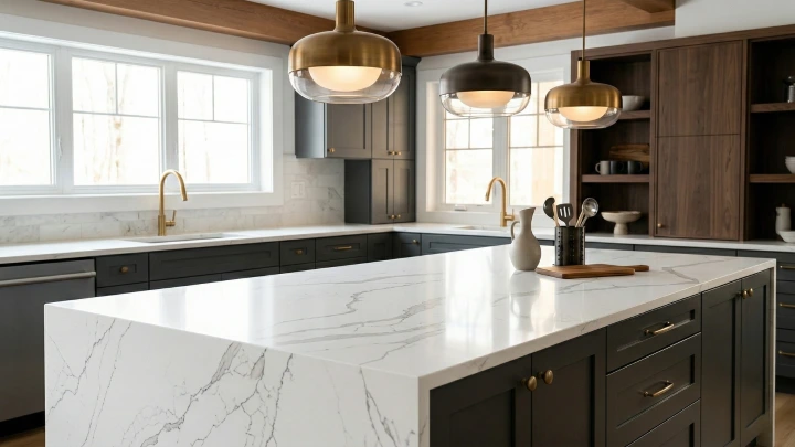 Premium marble-look quartz countertop showing realistic Calacatta-style veining in a luxury Malaysian kitchen