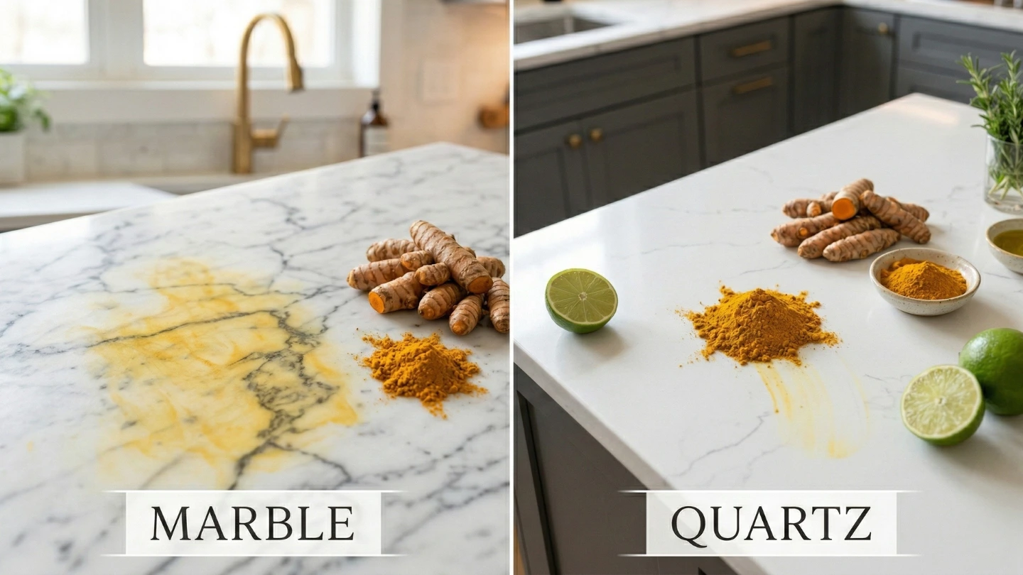 Side-by-side comparison showing turmeric stain on marble versus quartz countertop surfaces in Malaysian kitchen