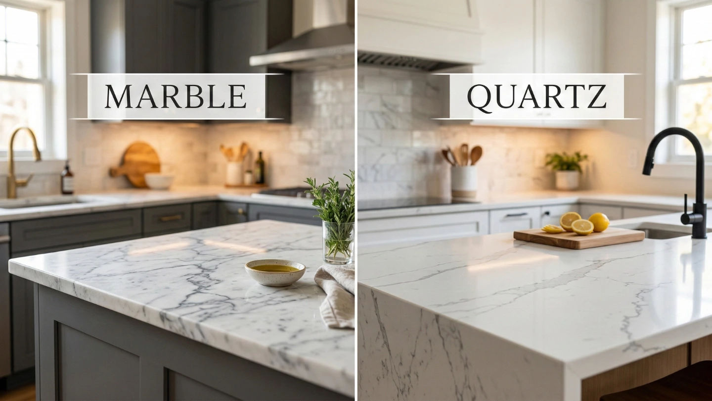 Split-view comparison of marble and quartz stone kitchen countertops in a modern Malaysian kitchen setting