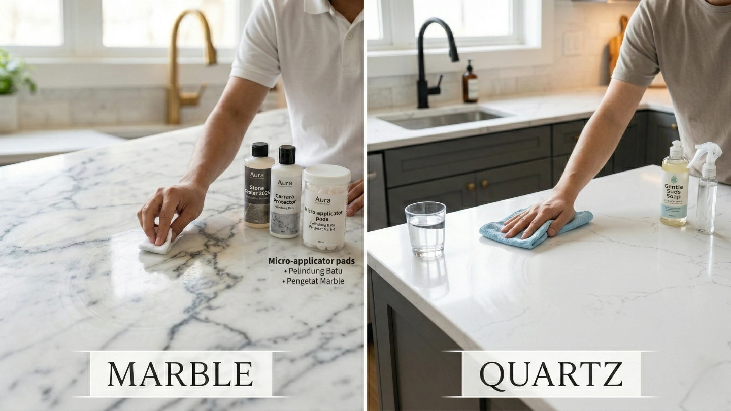 Marble countertop requiring professional sealing treatment compared to quartz countertop being simply wiped with a damp cloth
