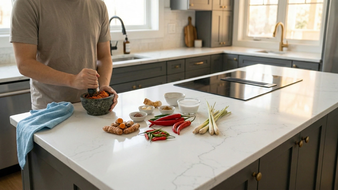 Malaysian family preparing traditional food on a quartz stone countertop in a modern kitchen, demonstrating everyday durability