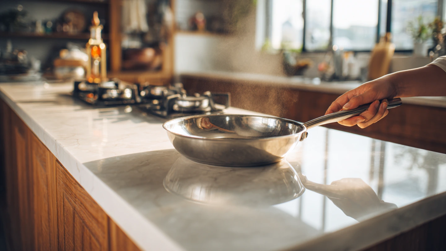 Stainless steel pan fresh from the stove hovering above a white quartz stone kitchen countertop in a modern Malaysian kitchen, illustrating the question of whether hot pans can be placed directly on quartz Stainless steel pan fresh from the stove hovering above a white quartz stone kitchen countertop in a modern Malaysian kitchen, illustrating the question of whether hot pans can be placed directly on quartz