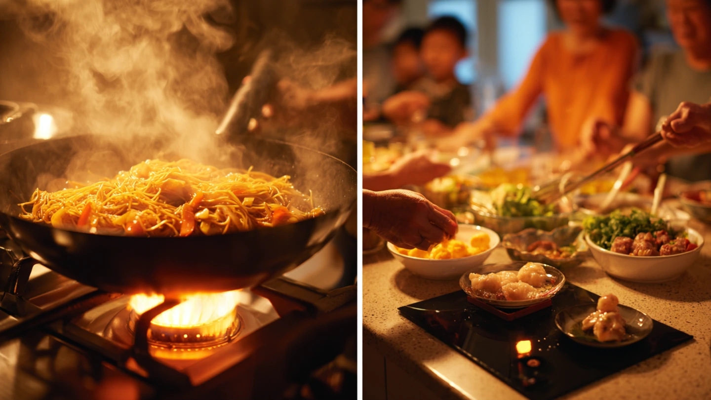 Split image showing two high-heat Malaysian cooking scenarios on a quartz kitchen countertop — wok stir-frying on the left and a family steamboat hot pot gathering on the right Split image showing two high-heat Malaysian cooking scenarios on a quartz kitchen countertop — wok stir-frying on the left and a family steamboat hot pot gathering on the right