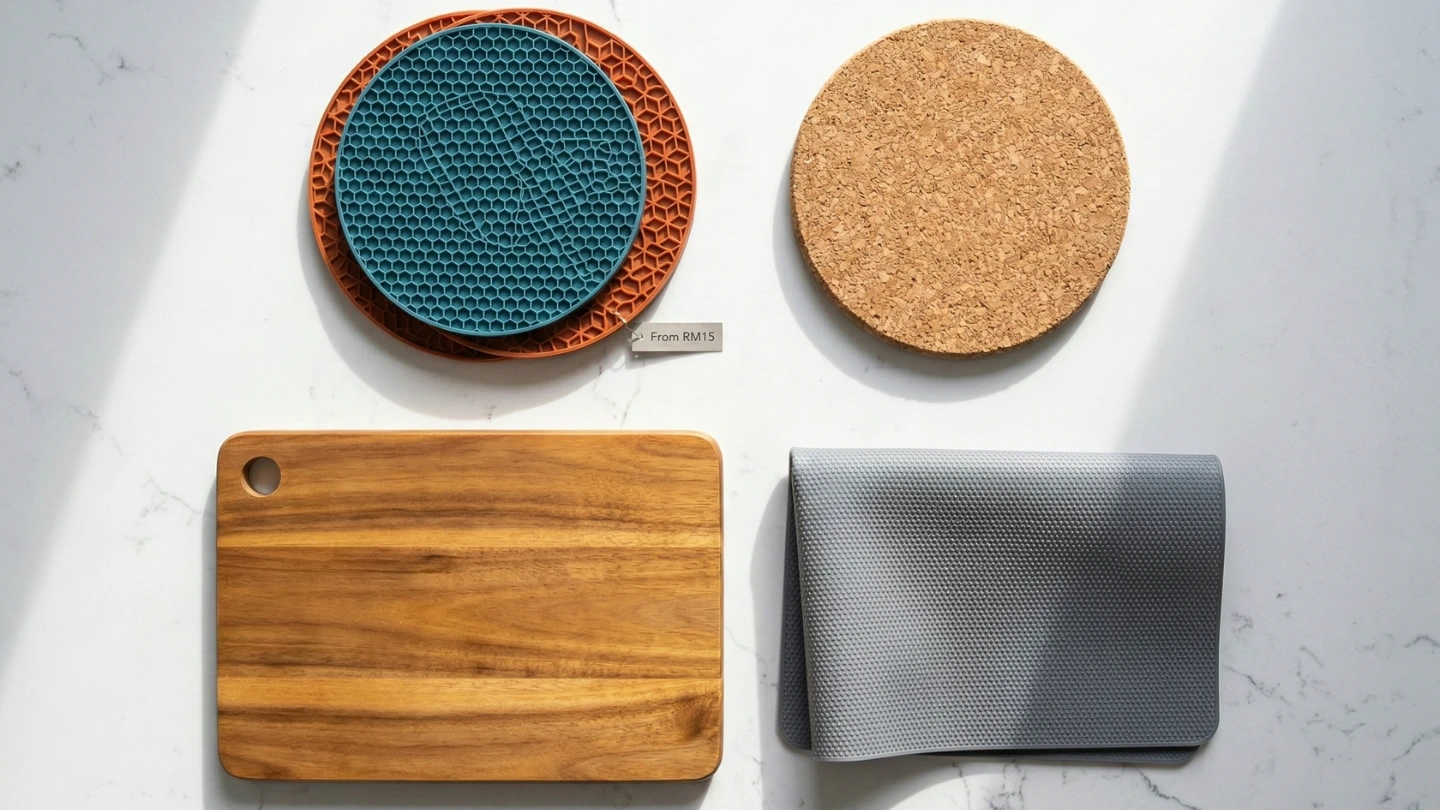 Flat lay of quartz countertop heat protection accessories including a silicone trivet, cork mat, and wooden chopping board arranged neatly on a white quartz kitchen countertop