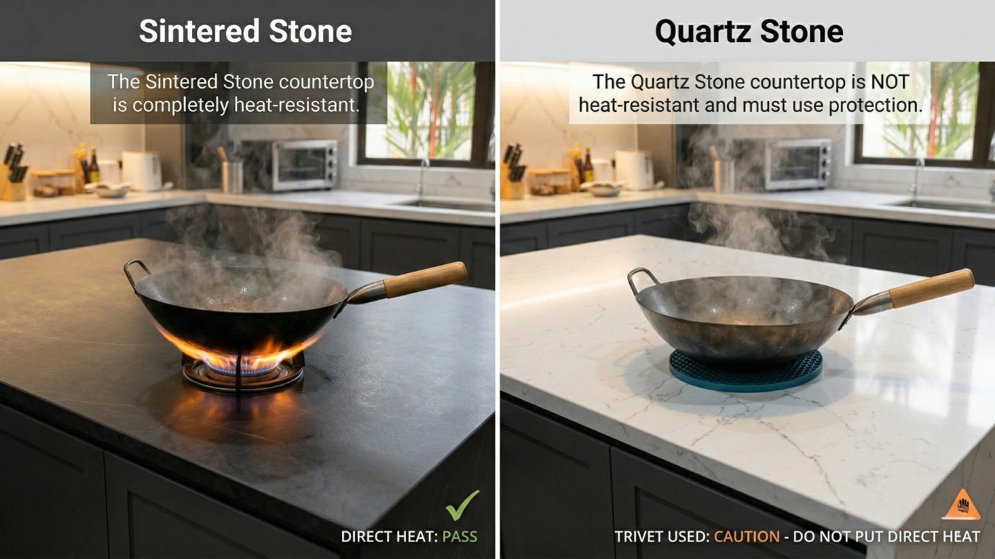 Side-by-side comparison of a hot wok placed directly on a sintered stone countertop with no damage versus a quartz stone countertop requiring a trivet for heat protection Side-by-side comparison of a hot wok placed directly on a sintered stone countertop with no damage versus a quartz stone countertop requiring a trivet for heat protection