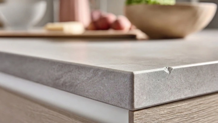 Close-up of sintered stone countertop edge showing potential chipping vulnerability from heavy impact in Malaysian kitchen