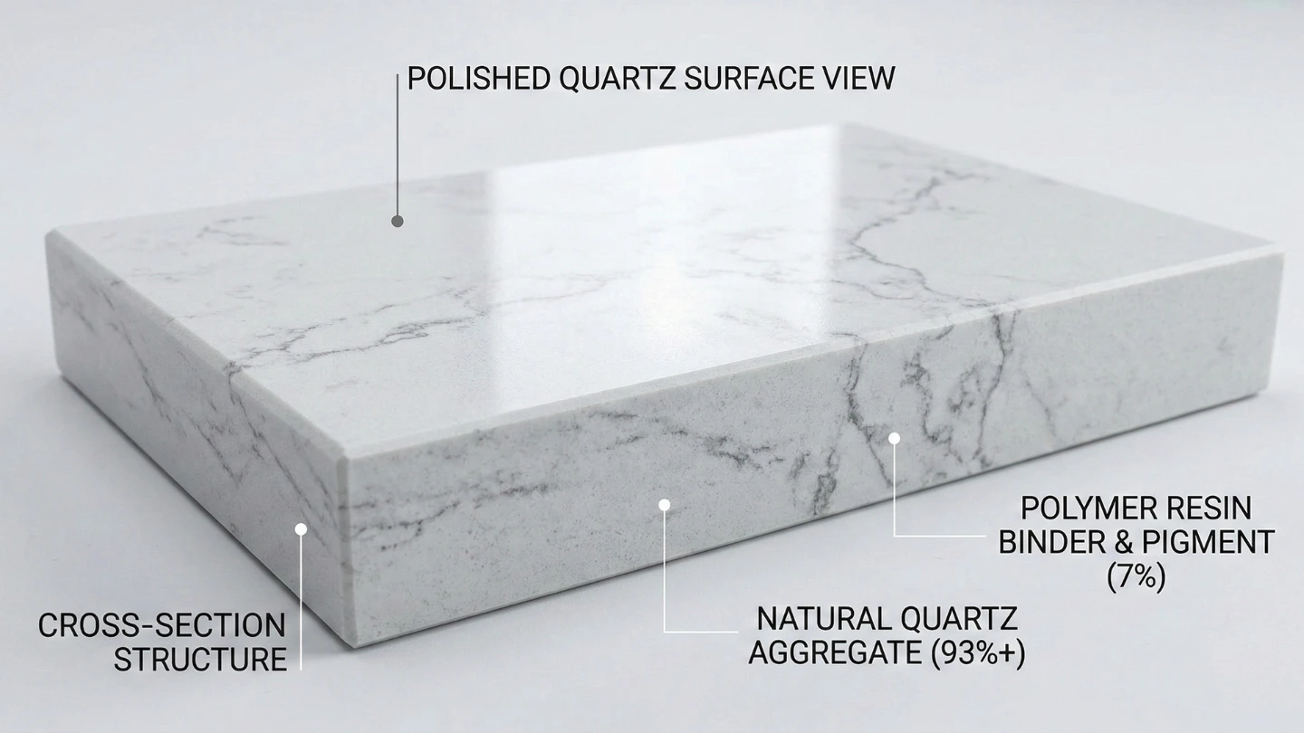 Cross-section illustration showing quartz countertop composition with resin binders that provide impact absorption for Malaysian kitchen use