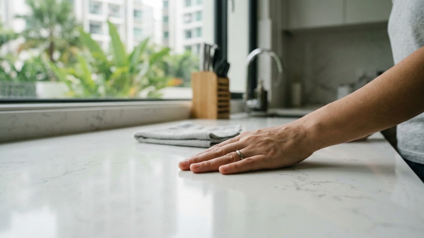 Homeowner inspecting quartz countertop surface for damage after using stone mortar, checking for micro-cracks or wear