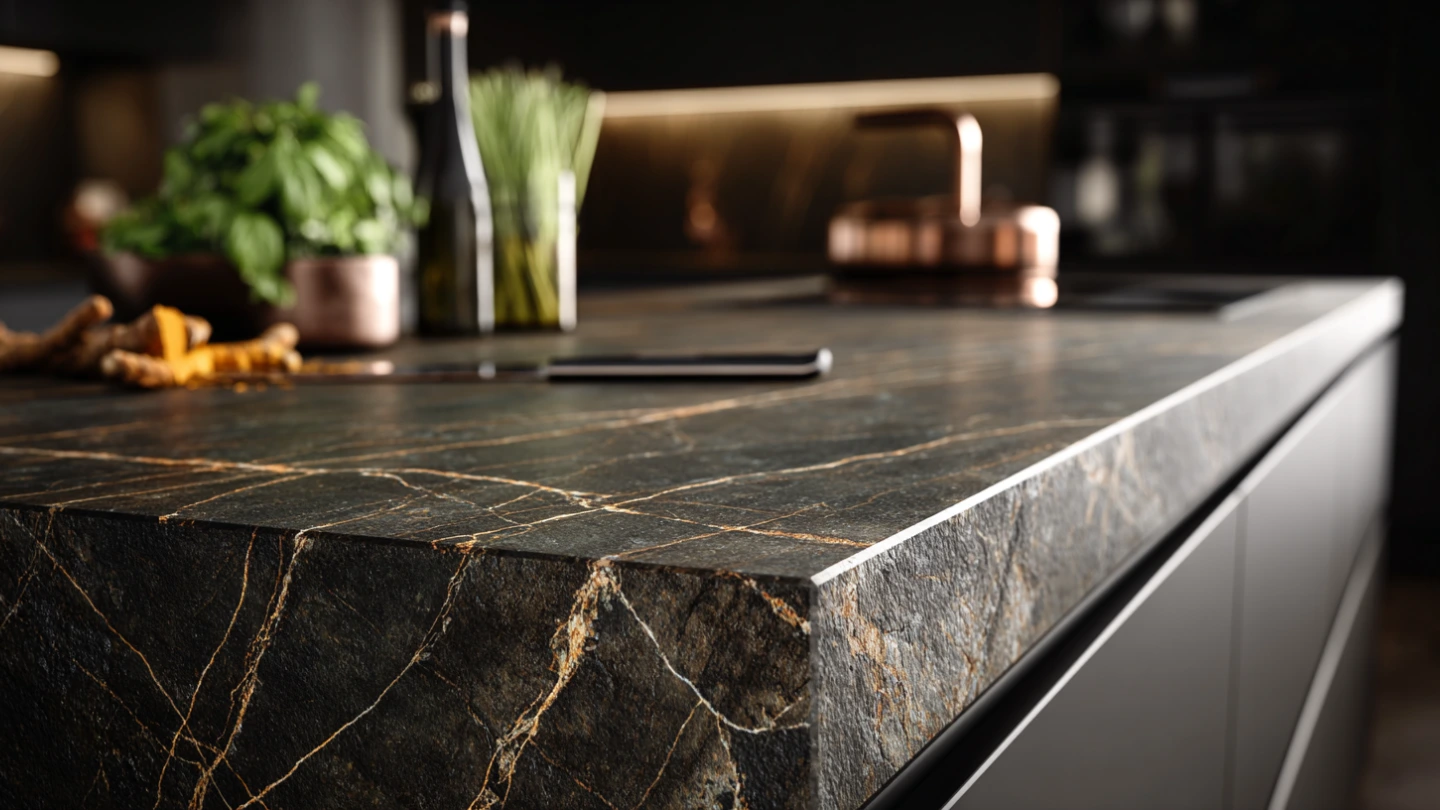 Sintered stone countertop surface demonstrating exceptional hardness and scratch resistance in a Malaysian kitchen setting