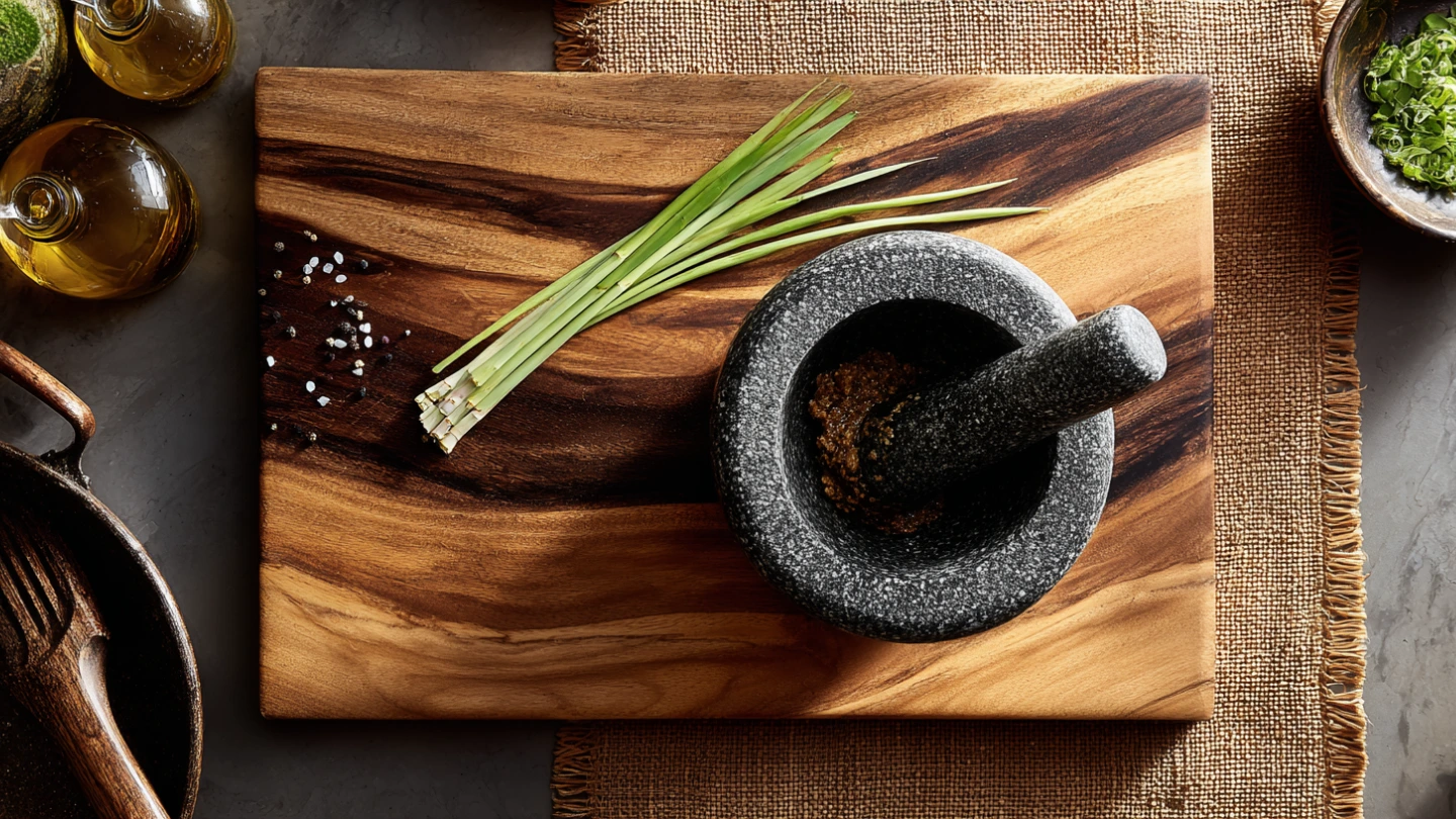 Thick wooden chopping board and rubber mat placed under a stone mortar to protect quartz countertop during lemongrass pounding